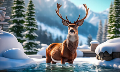 A deer with large antlers taking a dip in a puddle of water in the middle of winter, Generative Ai