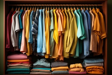 A variety of bright shirts in rainbow colors on hangers in a clothing store. concept for retail or smart consumption. 