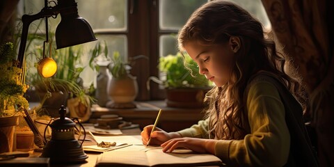 a girl is studying on a desk near a window, in the style of intense and dramatic lighting, generative AI - obrazy, fototapety, plakaty