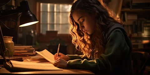 Fotobehang a girl is studying on a desk near a window, in the style of intense and dramatic lighting, generative AI © VALUEINVESTOR