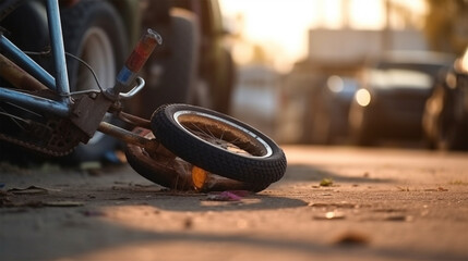 Broken bicycle on the road. Accident in the road. Bicycle crash road accident with broken bike . 