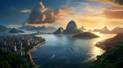 Aerial view of Rio with Corcovado Mountain, Sugarloaf Mountain and Guanabara Bay - Rio de Janeiro, Brazil, travel place. Ai Generated.NO.04 - obrazy, fototapety, plakaty