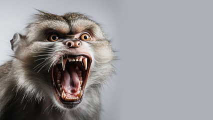 Angry monkey open mouth ready to attack isolated on gray background