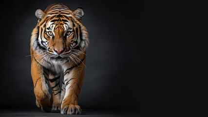 A tiger looks sharply focused at a target isolated on gray background