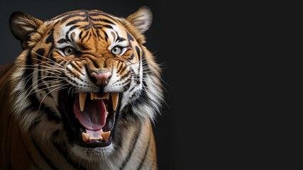 Fototapeta premium Angry tiger roaring ready to attack isolated on gray background