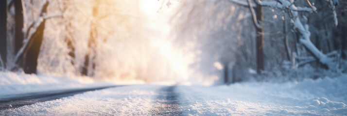Road in the snow between snow-covered parts of the forest. banner, free space for text
