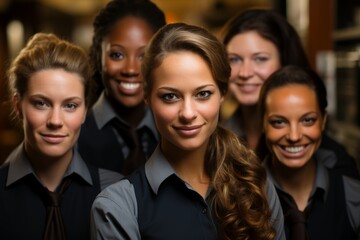 Obraz premium Team of professional women of diverse ethnicities in uniforms, with confident smiles, in close formation at office.