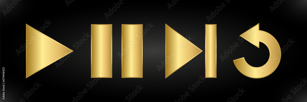 Poster gold media player icons. buttons playback. elements interface of a video application. vector illustr