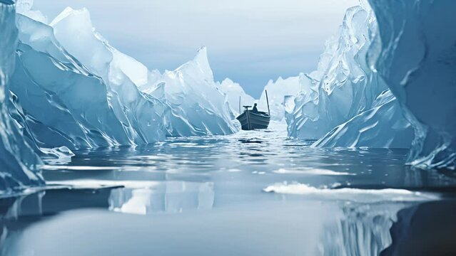 Closeup of a small wooden boat navigating through a maze of floating icebergs in the freezing waters of the Arctic, providing an upclose encounter with natures wonders.