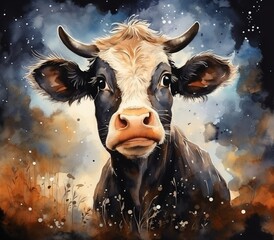 cows on the field night watercolor painting with generative ai