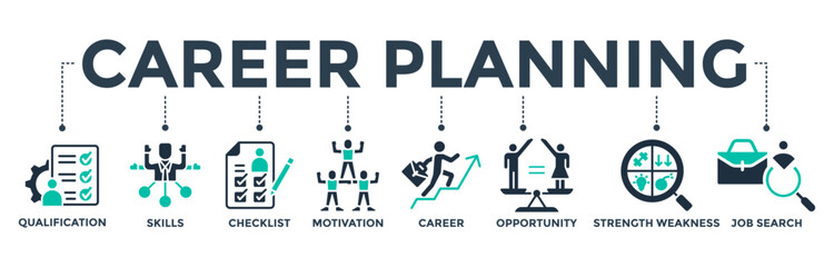Career planning web icon vector illustration concept with icon of qualification, skills, checklist, motivation, career, opportunity, strength weakness, job search