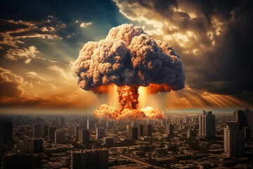 Nuclear Blast and Mushroom Cloud in City Skyline - obrazy, fototapety, plakaty