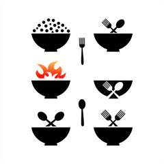 restaurant logo design, bowl logo design, cutlery, fire, cooking utensils, food, vector, symbol, icon, kitchen utensil template, bar