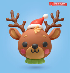 Deer, Christmas icon. 3d vector cartoon