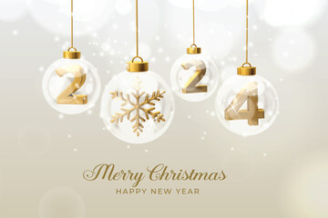 Christmas glass ball with the symbol of the year 2024 , studded with snowflake gold - obrazy, fototapety, plakaty