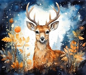 Deer in the forest night watercolor painting with generative ai