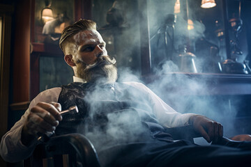 Obraz na płótnie Canvas Vintage Styled Bearded Man Relaxing in Armchair with Whiskey and Smoke
