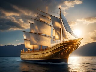 golden sailboat in the sea - obrazy, fototapety, plakaty