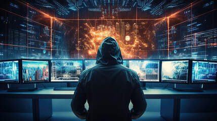 In the Lair of the Hooded Codekeeper: Hooded Hacker in Modern Technological Monitoring Control Room with Digital Screens Background