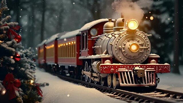 Closeup of a vintage train chugging along a snowy track, adorned with festive wreaths and ling lights.