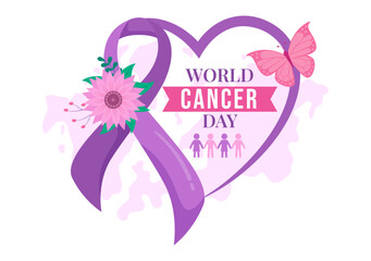 World Cancer Day Vector Illustration on February 4 with Ribbon to Raise Awareness of Cancer and Female Healthcare in Flat Cartoon Background