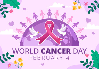 World Cancer Day Vector Illustration on February 4 with Ribbon to Raise Awareness of Cancer and Female Healthcare in Flat Cartoon Background