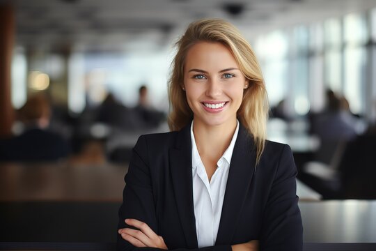 smiley businesswoman in conference room, with copy space, beautiful background