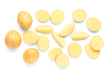 Slices of fresh raw potatoes on white background