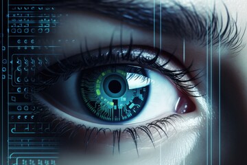 Obraz premium Futuristic woman eye display cyberspace concept science. AI generative