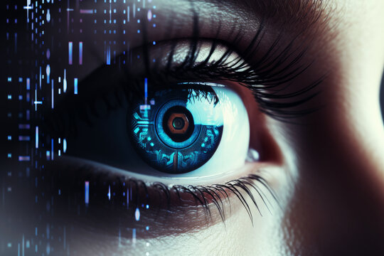 Futuristic woman eye display cyberspace concept science. AI generative