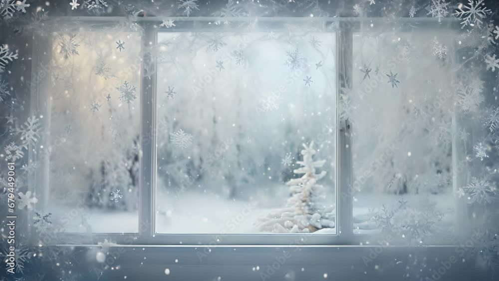 Poster a view of a frosted window from outside, with the patterns creating a distorted, dreamy effect.