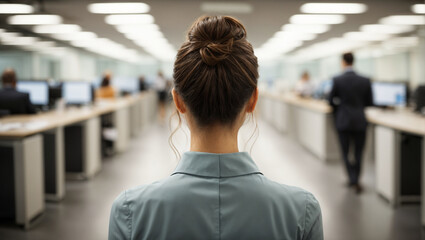 Obraz premium Young woman standing at office with blurred background