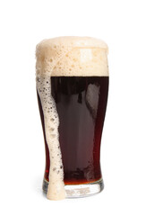 Glass of dark beer on white background