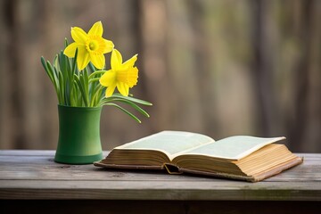 Close-up green book and a vibrant yellow daffodil on a rustic wooden table Generative AI