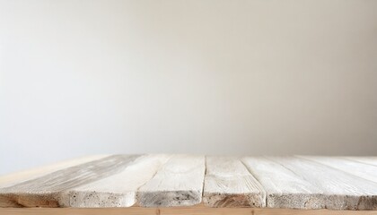 Fototapeta na wymiar 何もない美しい木目の白いテーブル　白くて明るい壁