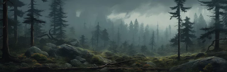 Fotobehang 深い霧の中の森の風景　暗い雨上がりの様子 © ayame123
