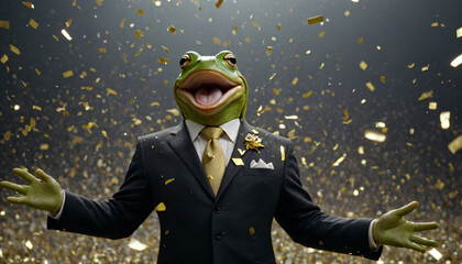 Confident businessman celebrates success with confetti and humor