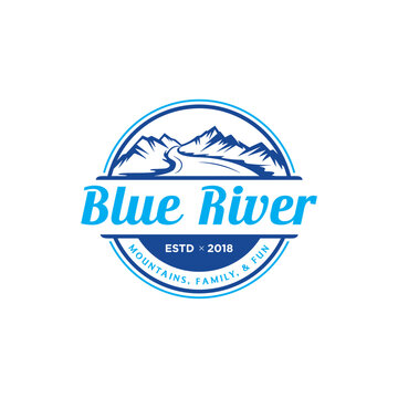 Mountain landscape, peak river creek logo vector template