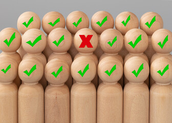 I wrong  concept. Everybody is right concept. Wood figures simulate crowd, people together, unity...