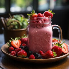  A strawberry flavored smoothie in a mason jar
