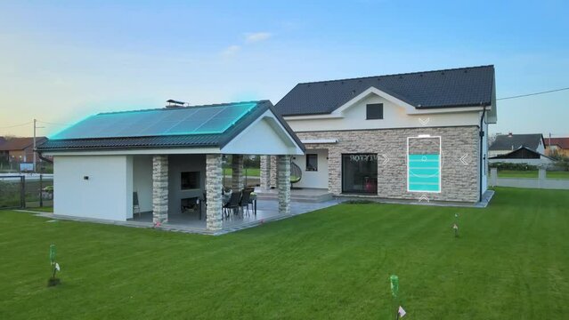 Modern smart home with solar panels and energy saving technology, concept