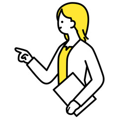 書類を持ち、横を向いて指を指す女性.