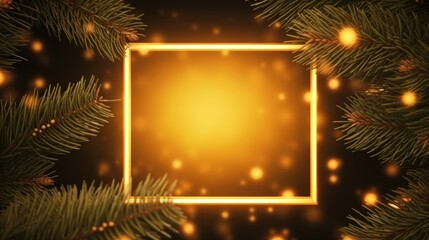 Obraz na płótnie Canvas Yellow neon frame with close up Christmas spruce branches with copy space. Generative AI.