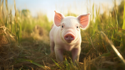 牧草地に立つかわいい豚