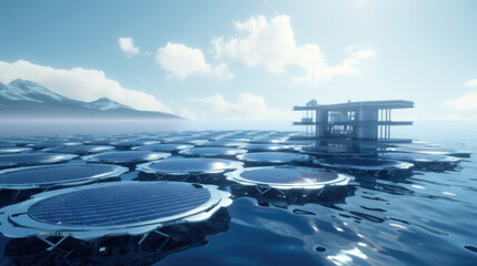 A floating solar farm on a futuristic aquaculture platform - obrazy, fototapety, plakaty