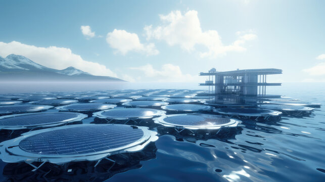 A floating solar farm on a futuristic aquaculture platform