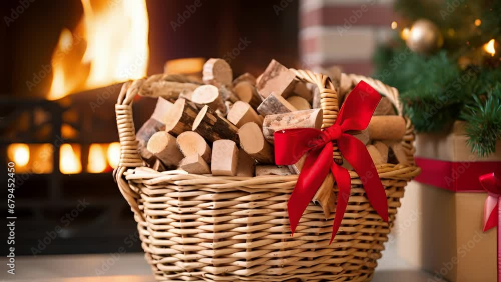 Poster closeup of a basket filled with firewood, ready to be used in a cozy fireplace. the basket is adorne