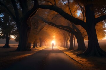 Dawn's Glow: Tranquil Orange Landscape with Distant humans Silhouette