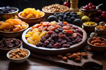 A vibrant assortment of dried fruits including apricots, figs, dates, raisins, and cranberries, beautifully arranged on a rustic wooden table, perfect for a healthy snack