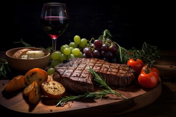 A juicy, medium-rare rib-eye steak seasoned with a mix of herbs and spices, served with a side of roasted vegetables and a glass of red wine on a rustic wooden table